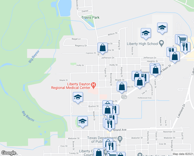 map of restaurants, bars, coffee shops, grocery stores, and more near 1501 North Travis Street in Liberty