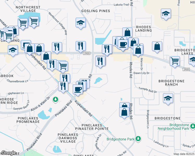 map of restaurants, bars, coffee shops, grocery stores, and more near Gosling Rd in Spring