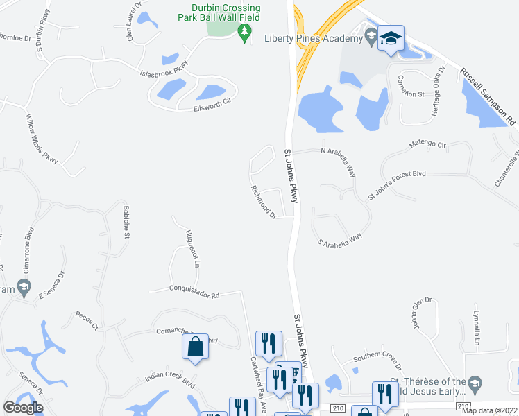 map of restaurants, bars, coffee shops, grocery stores, and more near 159 Richmond Drive in Saint Johns