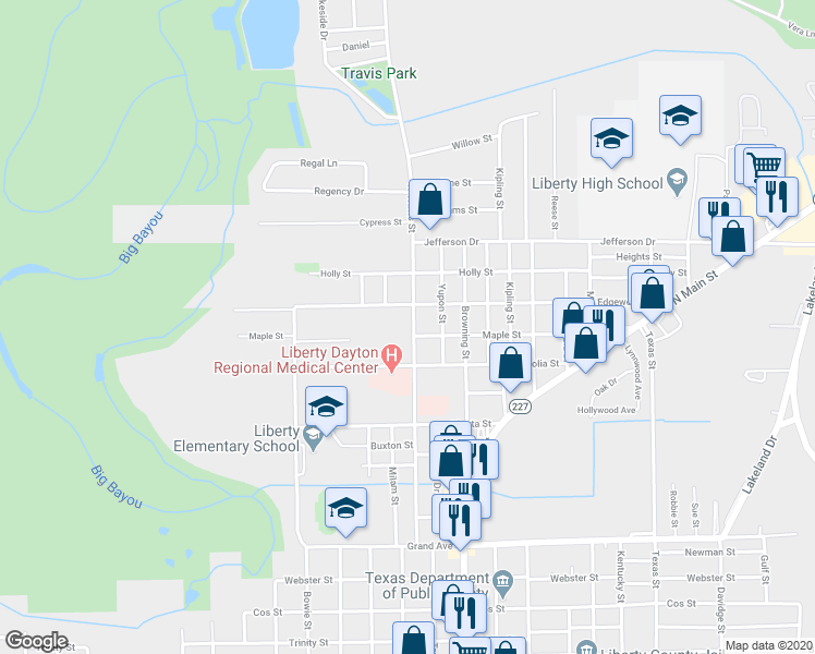 map of restaurants, bars, coffee shops, grocery stores, and more near 1501 North Travis Street in Liberty