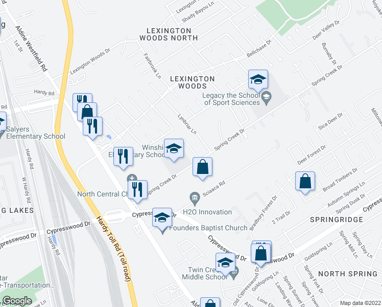 map of restaurants, bars, coffee shops, grocery stores, and more near 25115 Tuckahoe Lane in Spring