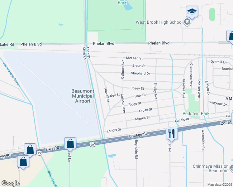 map of restaurants, bars, coffee shops, grocery stores, and more near 490 Adsit Street in Beaumont
