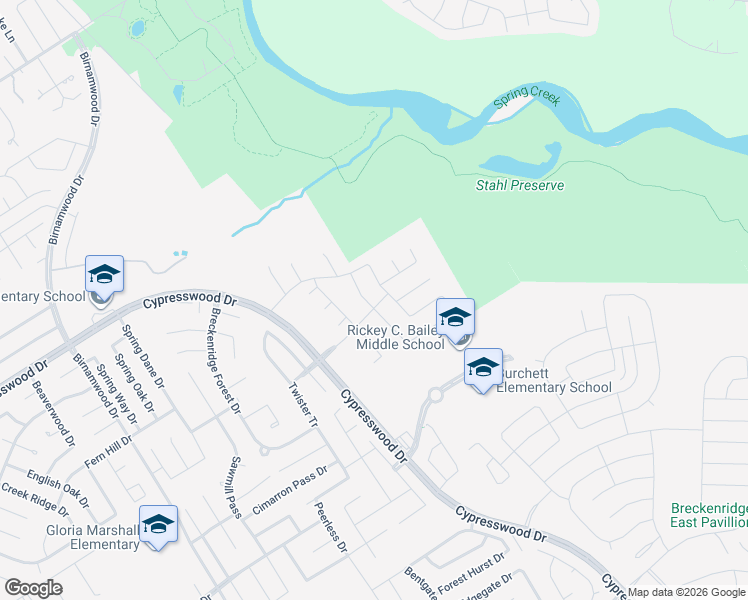 map of restaurants, bars, coffee shops, grocery stores, and more near 25402 Terrain Park Drive in Spring