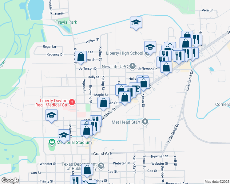map of restaurants, bars, coffee shops, grocery stores, and more near 2309 Maple St in Liberty