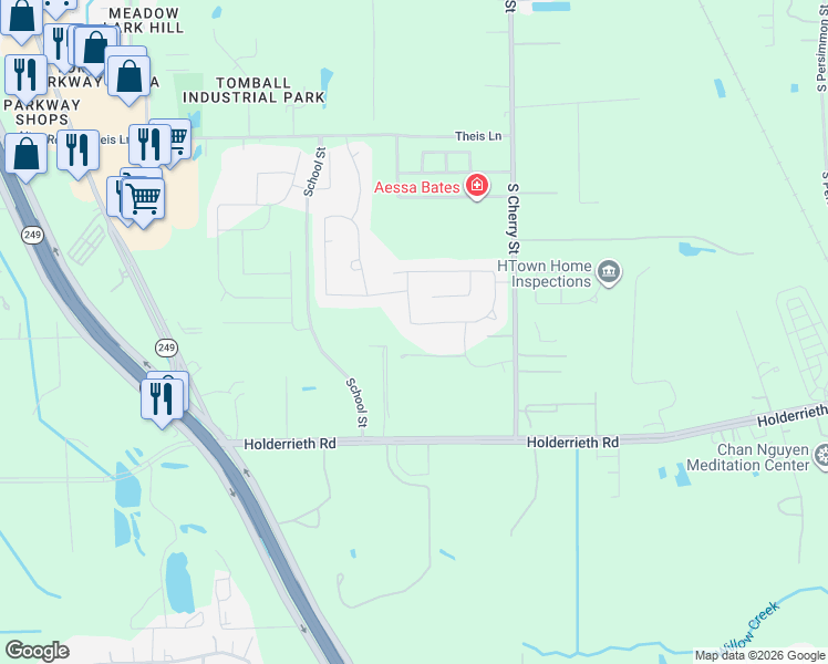 map of restaurants, bars, coffee shops, grocery stores, and more near 2406 South Cherry Street in Tomball