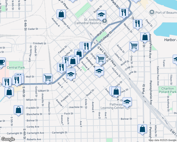 map of restaurants, bars, coffee shops, grocery stores, and more near 1525 Milam St in Beaumont