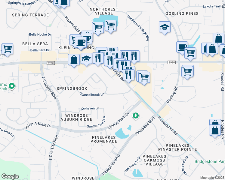 map of restaurants, bars, coffee shops, grocery stores, and more near 20810 Newmill Ct in Spring
