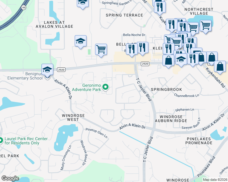 map of restaurants, bars, coffee shops, grocery stores, and more near 21315 Shadow River Lane in Spring