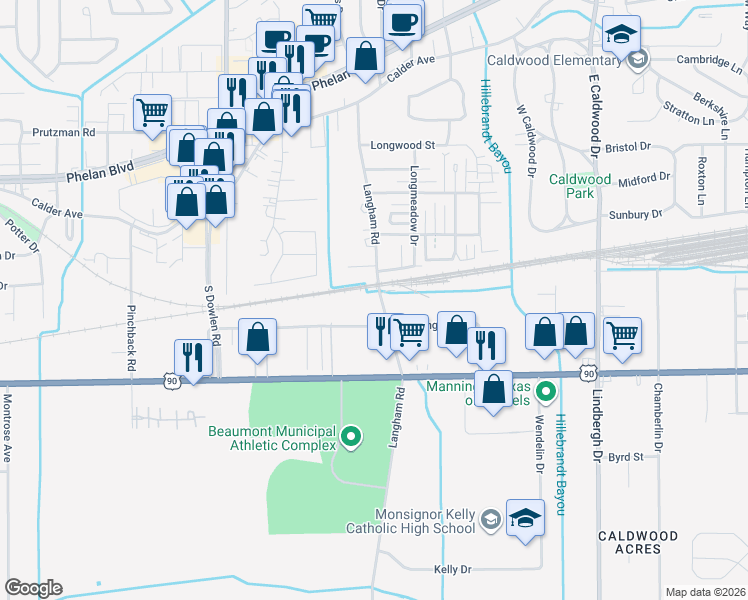 map of restaurants, bars, coffee shops, grocery stores, and more near 620 Langham Road in Beaumont