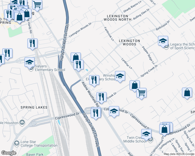 map of restaurants, bars, coffee shops, grocery stores, and more near 25315 Hickory Valley Lane in Spring