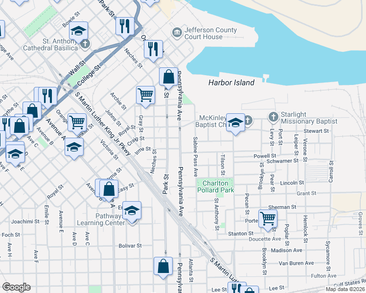 map of restaurants, bars, coffee shops, grocery stores, and more near 1720 Sabine Pass Avenue in Beaumont
