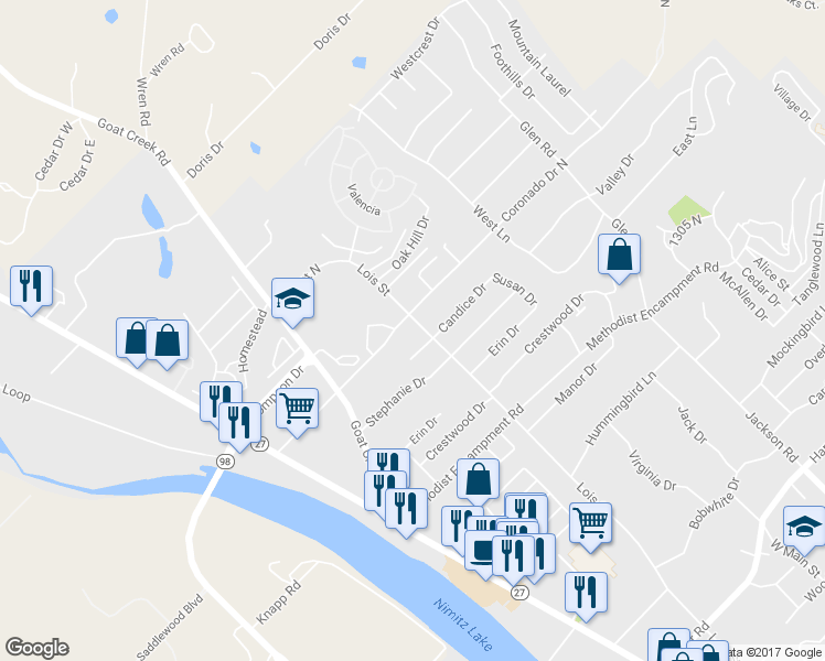 map of restaurants, bars, coffee shops, grocery stores, and more near 1751 Lois Street in Kerrville