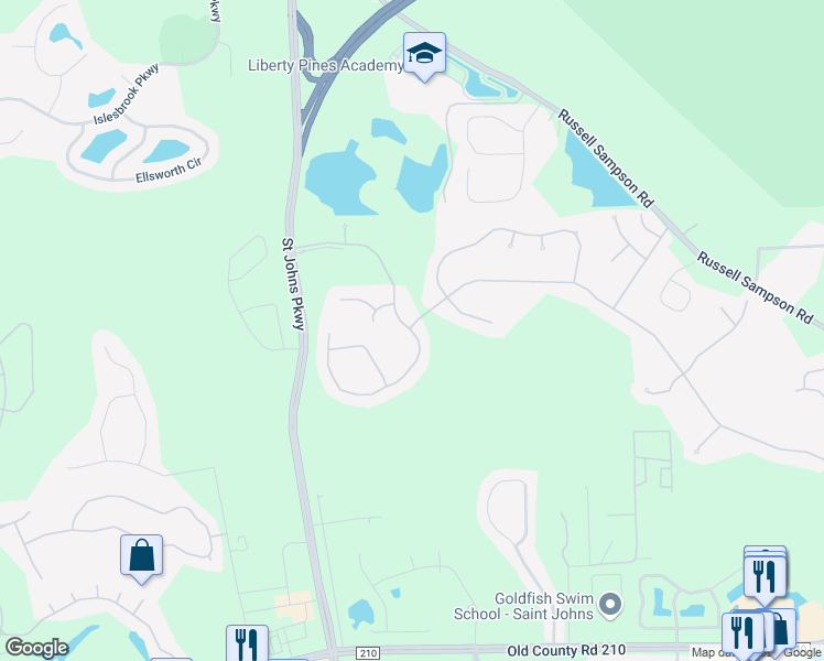 map of restaurants, bars, coffee shops, grocery stores, and more near 31 South Arabella Way in Saint Johns