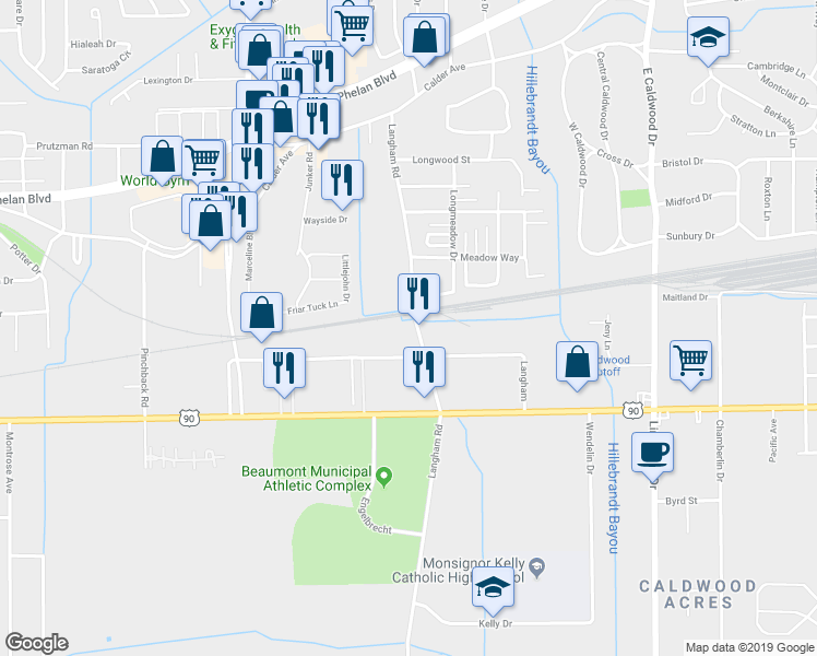 map of restaurants, bars, coffee shops, grocery stores, and more near 620 Langham Road in Beaumont
