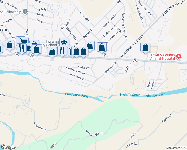 map of restaurants, bars, coffee shops, grocery stores, and more near 102 Cedar Drive in Ingram