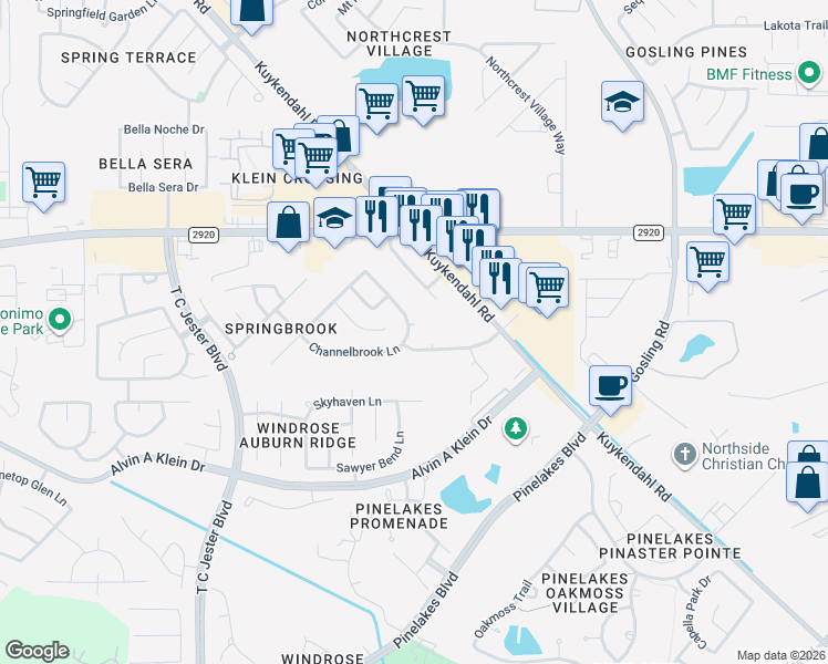 map of restaurants, bars, coffee shops, grocery stores, and more near 20810 Newmill Court in Spring