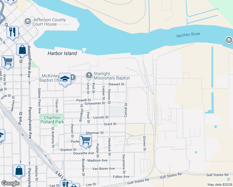 map of restaurants, bars, coffee shops, grocery stores, and more near 1725 Verone Street in Beaumont