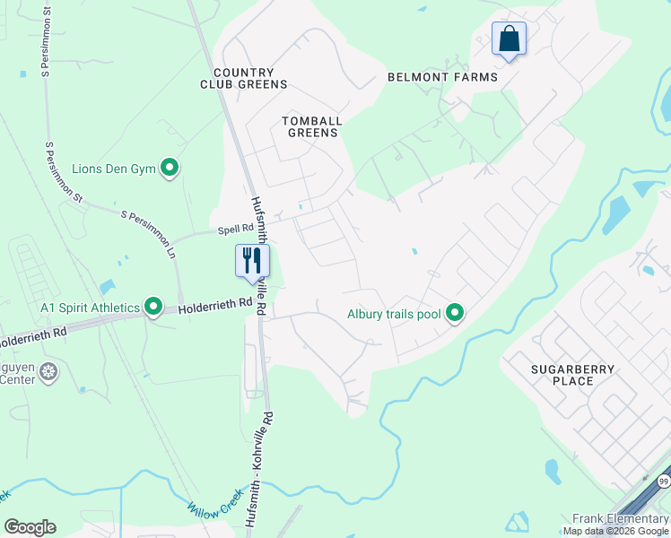 map of restaurants, bars, coffee shops, grocery stores, and more near 11119 Maidenfair Drive in Tomball