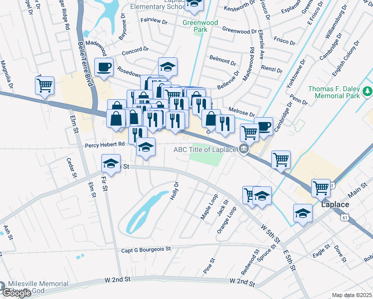 map of restaurants, bars, coffee shops, grocery stores, and more near 604 Bluebonnet Court in LaPlace