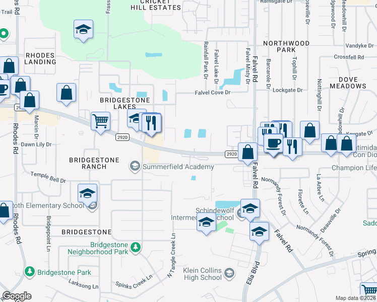 map of restaurants, bars, coffee shops, grocery stores, and more near 4131 Farm to Market 2920 in Spring
