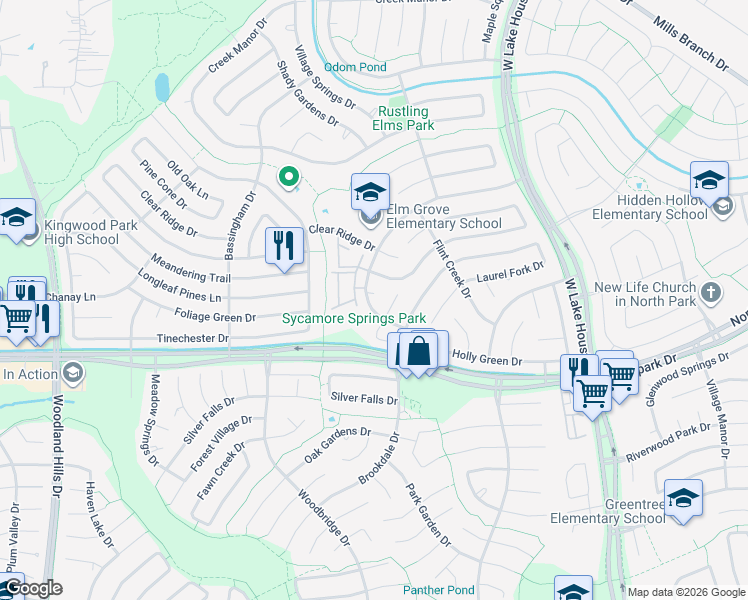 map of restaurants, bars, coffee shops, grocery stores, and more near 2924 Sycamore Springs Drive in Houston
