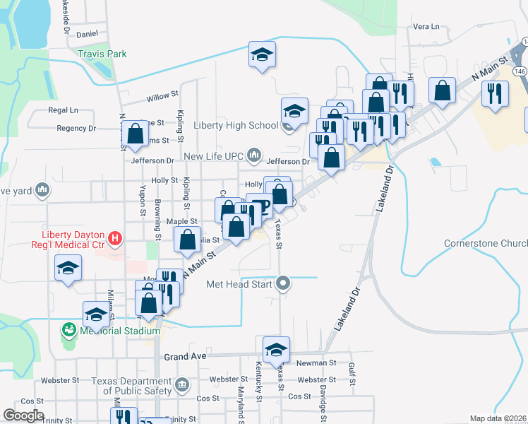 map of restaurants, bars, coffee shops, grocery stores, and more near 2525 Maple Street in Liberty