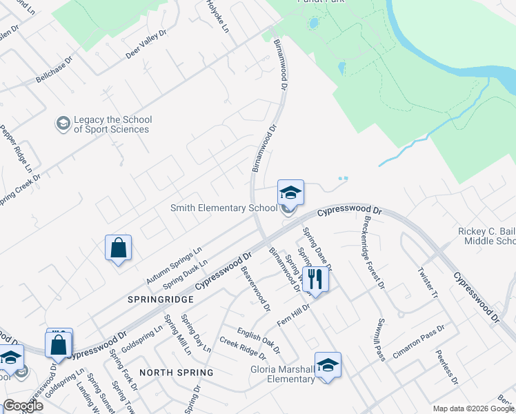 map of restaurants, bars, coffee shops, grocery stores, and more near 25099 Birnamwood Boulevard in Spring