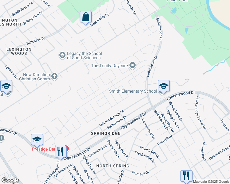 map of restaurants, bars, coffee shops, grocery stores, and more near 24519 Caroline Creek Court in Spring