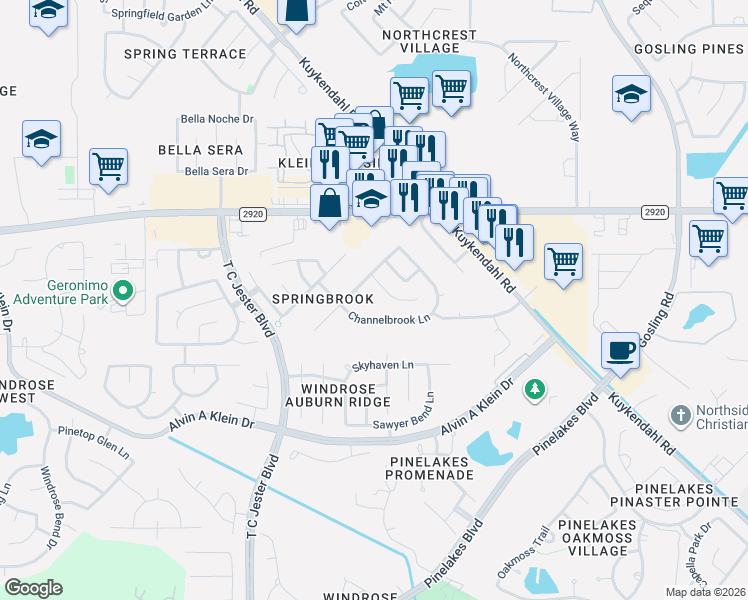 map of restaurants, bars, coffee shops, grocery stores, and more near 21003 Kenna Cove Lane in Spring