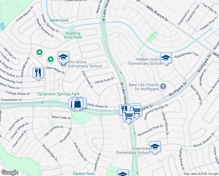 map of restaurants, bars, coffee shops, grocery stores, and more near 3222 Cascade Creek Drive in Houston