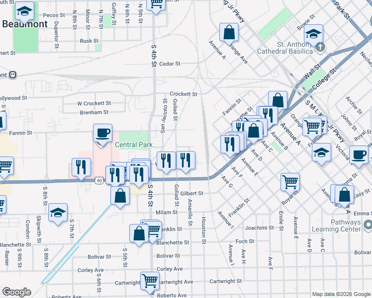 map of restaurants, bars, coffee shops, grocery stores, and more near 753 Goliad Street in Beaumont
