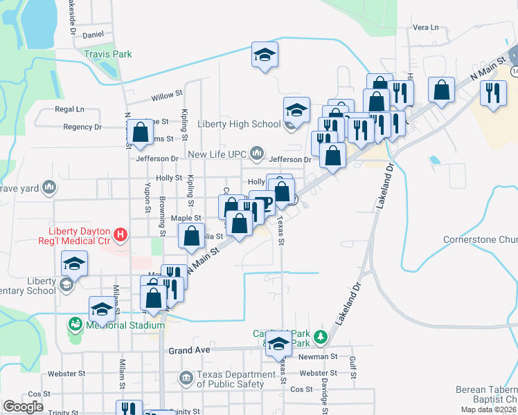 map of restaurants, bars, coffee shops, grocery stores, and more near 2525 Maple Street in Liberty
