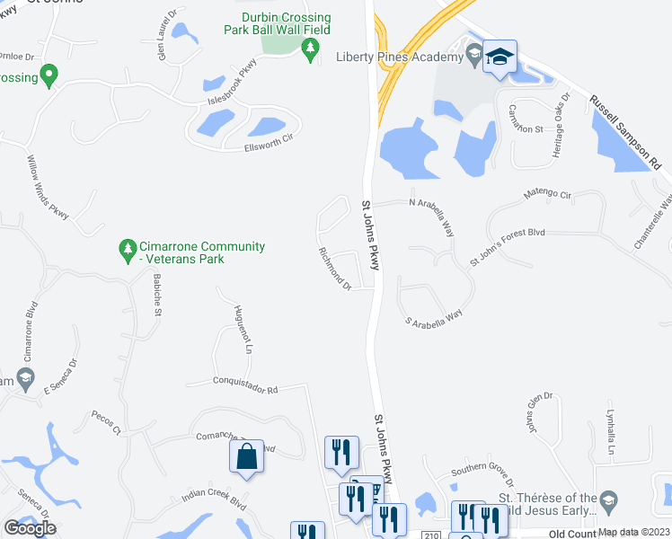 map of restaurants, bars, coffee shops, grocery stores, and more near 166 Richmond Drive in Saint Johns