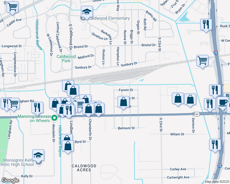map of restaurants, bars, coffee shops, grocery stores, and more near 5195 Fannin Street in Beaumont