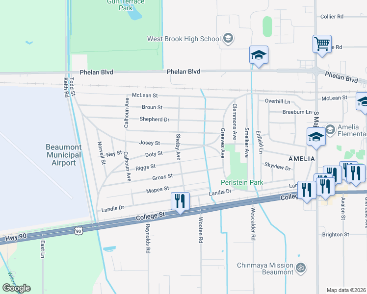 map of restaurants, bars, coffee shops, grocery stores, and more near 9260 Doty Street in Beaumont