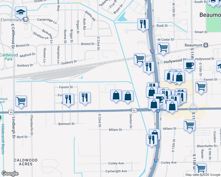 map of restaurants, bars, coffee shops, grocery stores, and more near 655 South 23rd Street in Beaumont