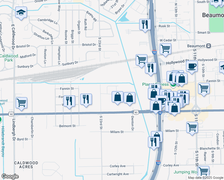 map of restaurants, bars, coffee shops, grocery stores, and more near 655 South 23rd Street in Beaumont
