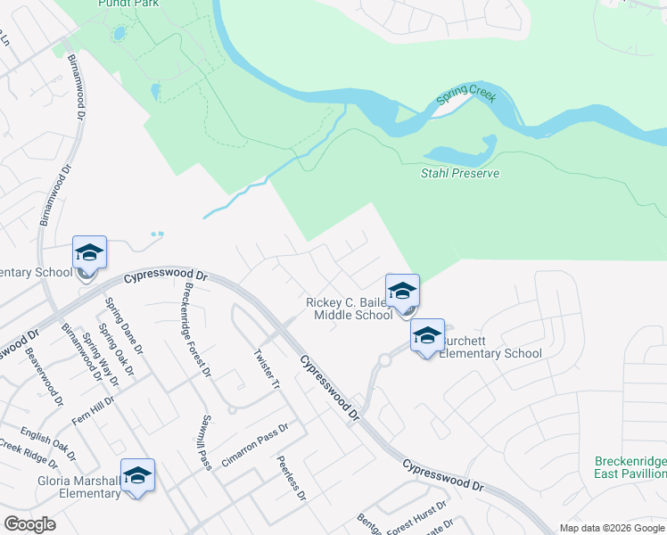 map of restaurants, bars, coffee shops, grocery stores, and more near 25402 Terrain Park Drive in Spring