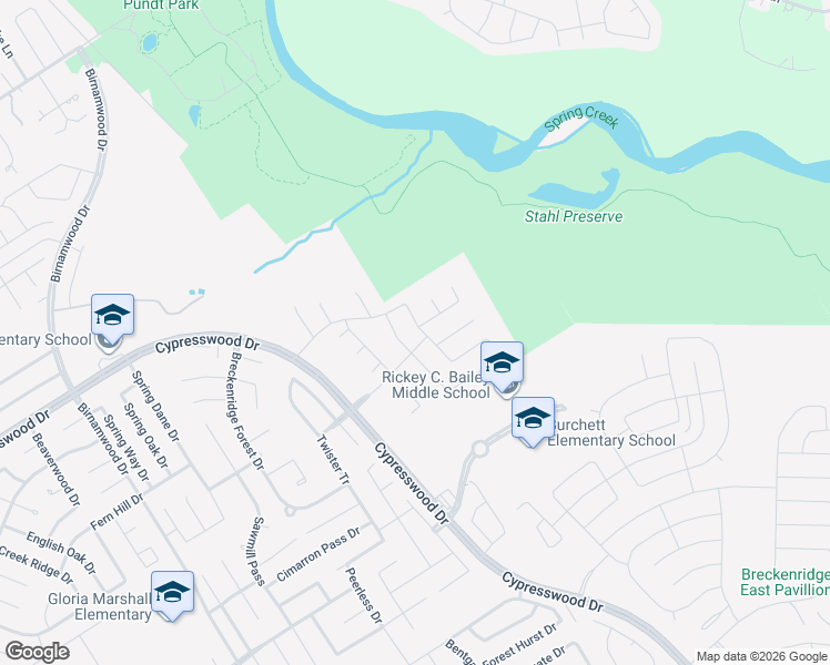 map of restaurants, bars, coffee shops, grocery stores, and more near 25402 Terrain Park Drive in Spring