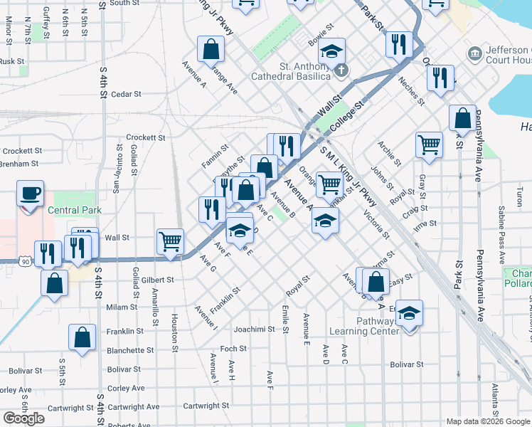 map of restaurants, bars, coffee shops, grocery stores, and more near Gilbert Street in Beaumont