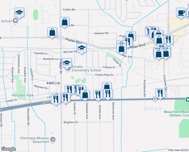 map of restaurants, bars, coffee shops, grocery stores, and more near 530 Carnahan Place in Beaumont