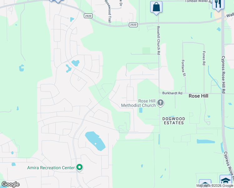 map of restaurants, bars, coffee shops, grocery stores, and more near 21311 Rosehill Church Road in Tomball