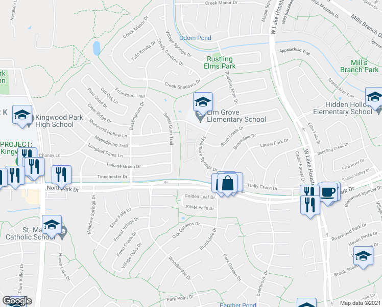 map of restaurants, bars, coffee shops, grocery stores, and more near 2911 Sycamore Springs Drive in Humble