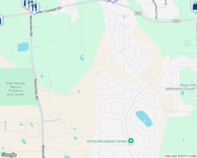 map of restaurants, bars, coffee shops, grocery stores, and more near 21114 Mueschke Road in Tomball