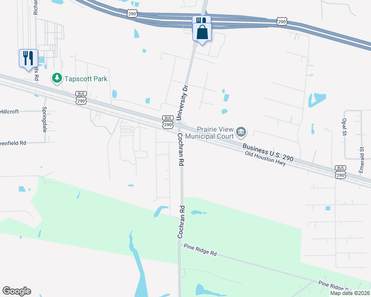 map of restaurants, bars, coffee shops, grocery stores, and more near 20825 Cochran Road in Prairie View