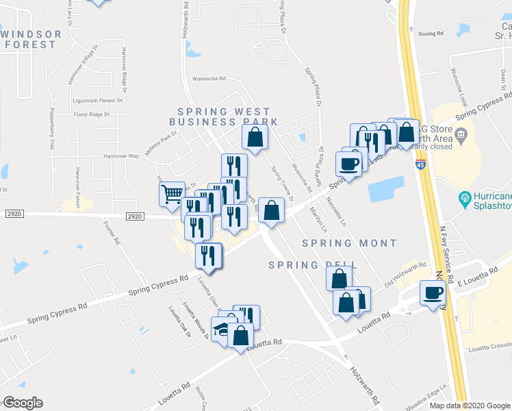map of restaurants, bars, coffee shops, grocery stores, and more near 21525 Spring West Drive in Spring