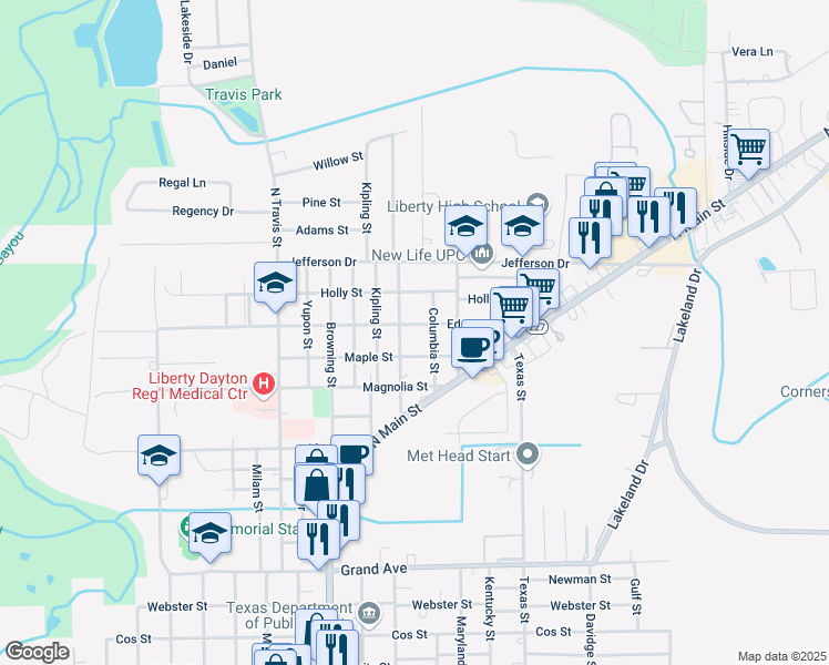 map of restaurants, bars, coffee shops, grocery stores, and more near 2309 Maple Street in Liberty