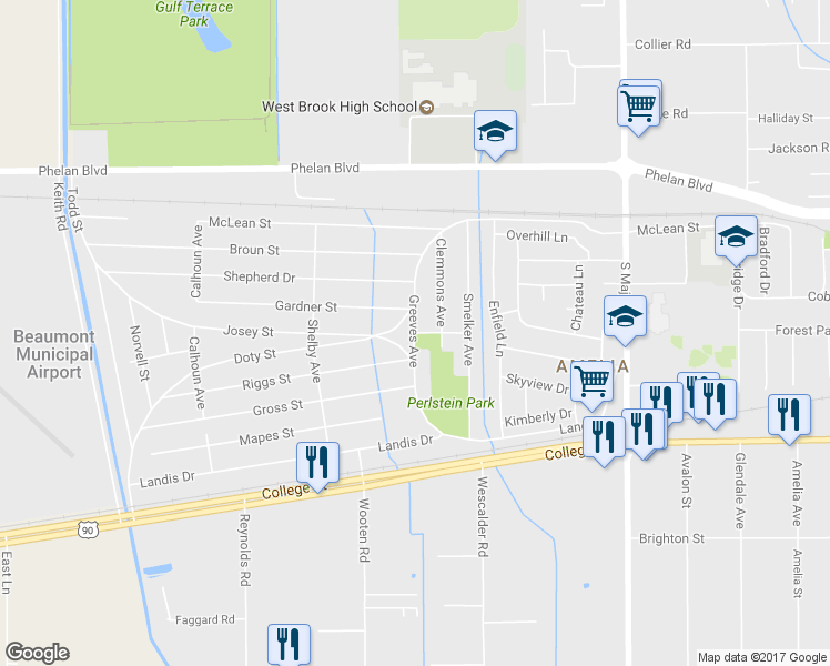 map of restaurants, bars, coffee shops, grocery stores, and more near 8999 Stedman Street in Beaumont