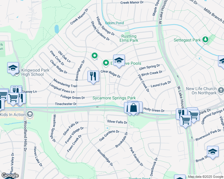 map of restaurants, bars, coffee shops, grocery stores, and more near 2911 Sycamore Springs Drive in Humble