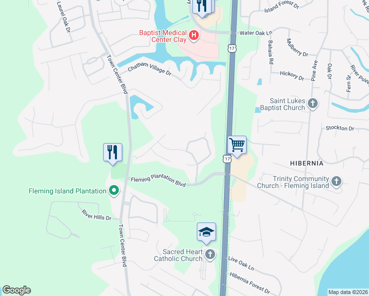 map of restaurants, bars, coffee shops, grocery stores, and more near 2441 Southern Links Drive in Fleming Island